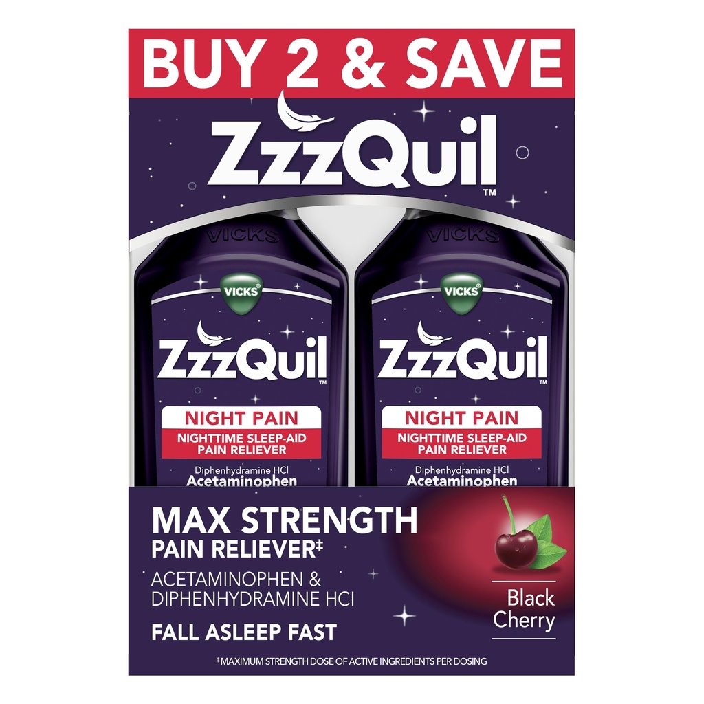 ZzzQuil Liquid Max Strength Pain Reliever, Nighttime Sleep Aid Liquid, Acetaminophen 1000 mg, Diphenhydramine 50 mg HCI, Non-Habit Form, Black Cherry Flavored, 2 Pack, 24 FL OZ