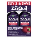 ZzzQuil Liquid Max Strength Pain Reliever, Nighttime Sleep Aid Liquid, Acetaminophen 1000 mg, Diphenhydramine 50 mg HCI, Non-Habit Form, Black Cherry Flavored, 2 Pack, 24 FL OZ