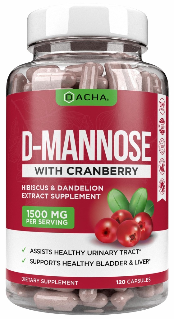 Doğal D-Mannose Capsules 4-in-1 Formula - 120 CAPS, 1500 MG Cranberry, Dandelion, Hibiscus Flower Ekstraksiyon, Bladder ve Urinary Tract Health
