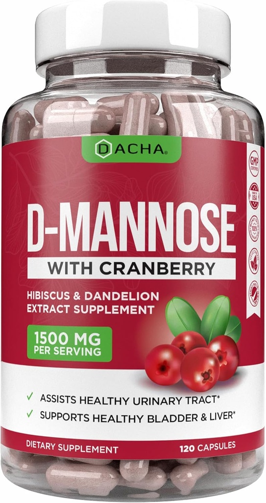 Doğal D-Mannose Capsules 4-in-1 Formula - 120 CAPS, 1500 MG Cranberry, Dandelion, Hibiscus Flower Ekstraksiyon, Bladder ve Urinary Tract Health