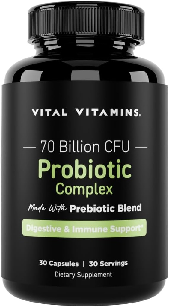 Vital Vitamins Probiotic Complex for Men & Women - 70 δισεκατομμύρια CFU - Made with Prebiotic Blend - Digestive, Gut Health, & Immune Support - Ισχυρό μείγμα 10 Strains - 30 κάψουλες