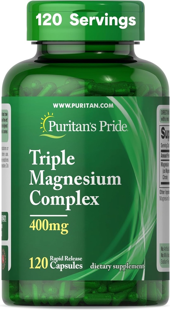 Puritan's Pride Magnezyum Triple Complex with Hoffman Magnezyum, Aspartate, and Citrate 400 mg, Diyeter Supplement for Muscle, Heart, Nerve, and Bone Support, 120 Hızlı Yayın Kapsülleri