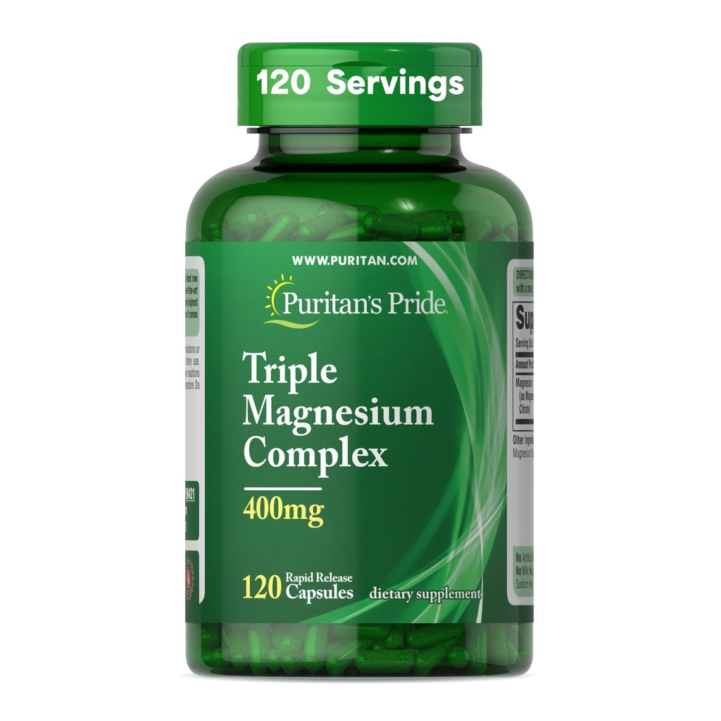 Puritan's Pride Triple Magnesium Complex με οξείδιο του μαγνησίου, ασπαρτικό και κιτρικό 400mg, Συμπλήρωμα διατροφής για τους μυς, την καρδιά, τα νεύρα και την υποστήριξη των οστών, 120 κάψουλες ταχείας απελευθέρωσης