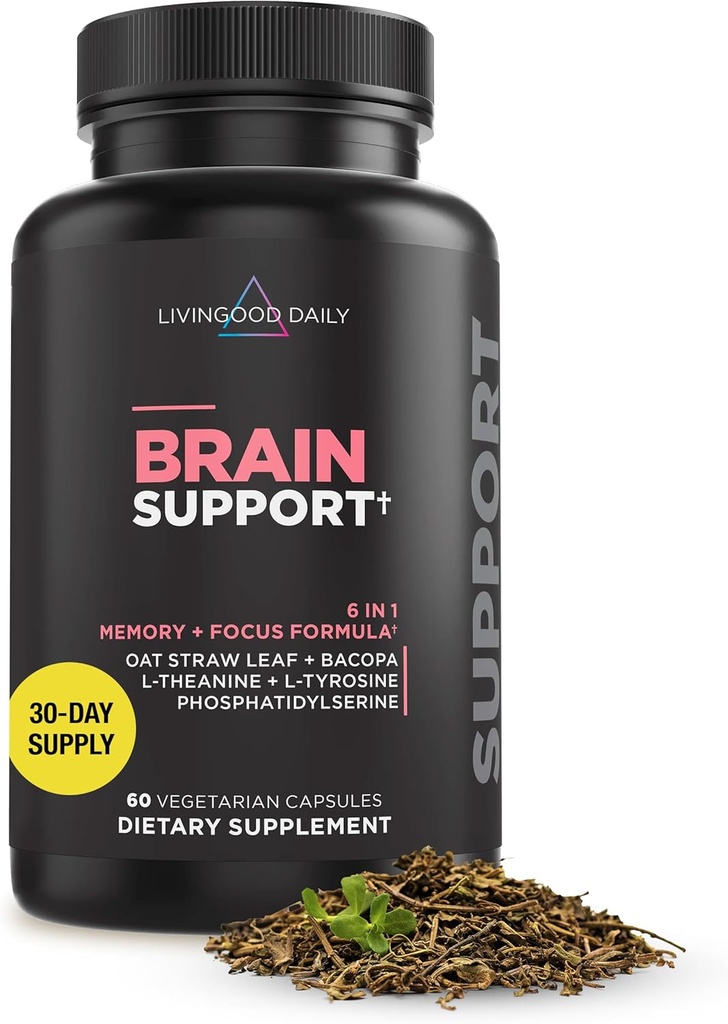 Livingood Daily Brain Συμπληρώματα Μνήμης & Εστίασης, Νοοτροπικά Χάπια με Bacopa, L Theanine, L Tyrosine, Amino Acids & More, Γνωστική Υποστήριξη για Άνδρες & Γυναίκες, Vegan, Χωρίς Γλουτένη, 60 Κάψουλες