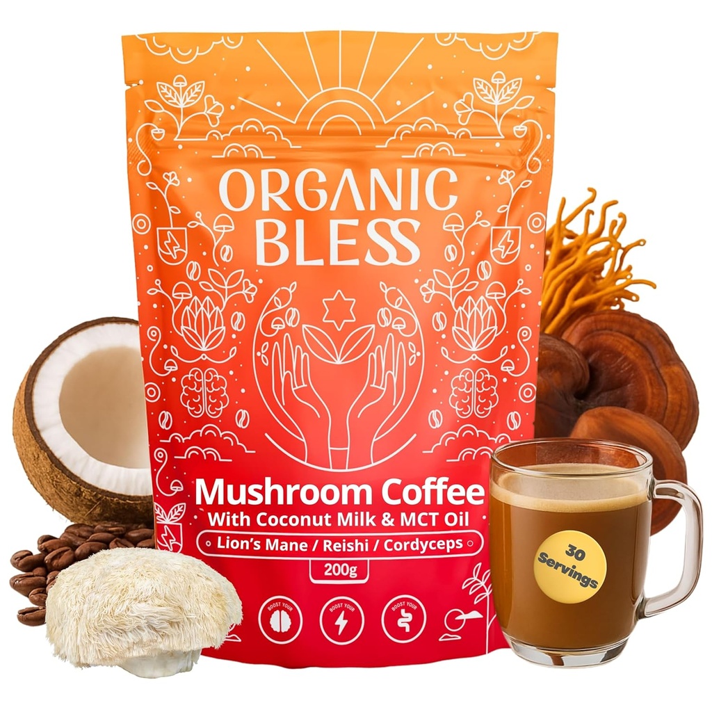 Βιολογικό Bless Instant Mushroom Coffee Powder – Βιολογικό Lion’s Mane, Reishi & Cordyceps Blend για την ενέργεια, την εστίαση και την σαφήνεια – Προσαρμόσιμος καφές με το γάλα καρύδας & MCT Oil – 30 Σερβιέτες