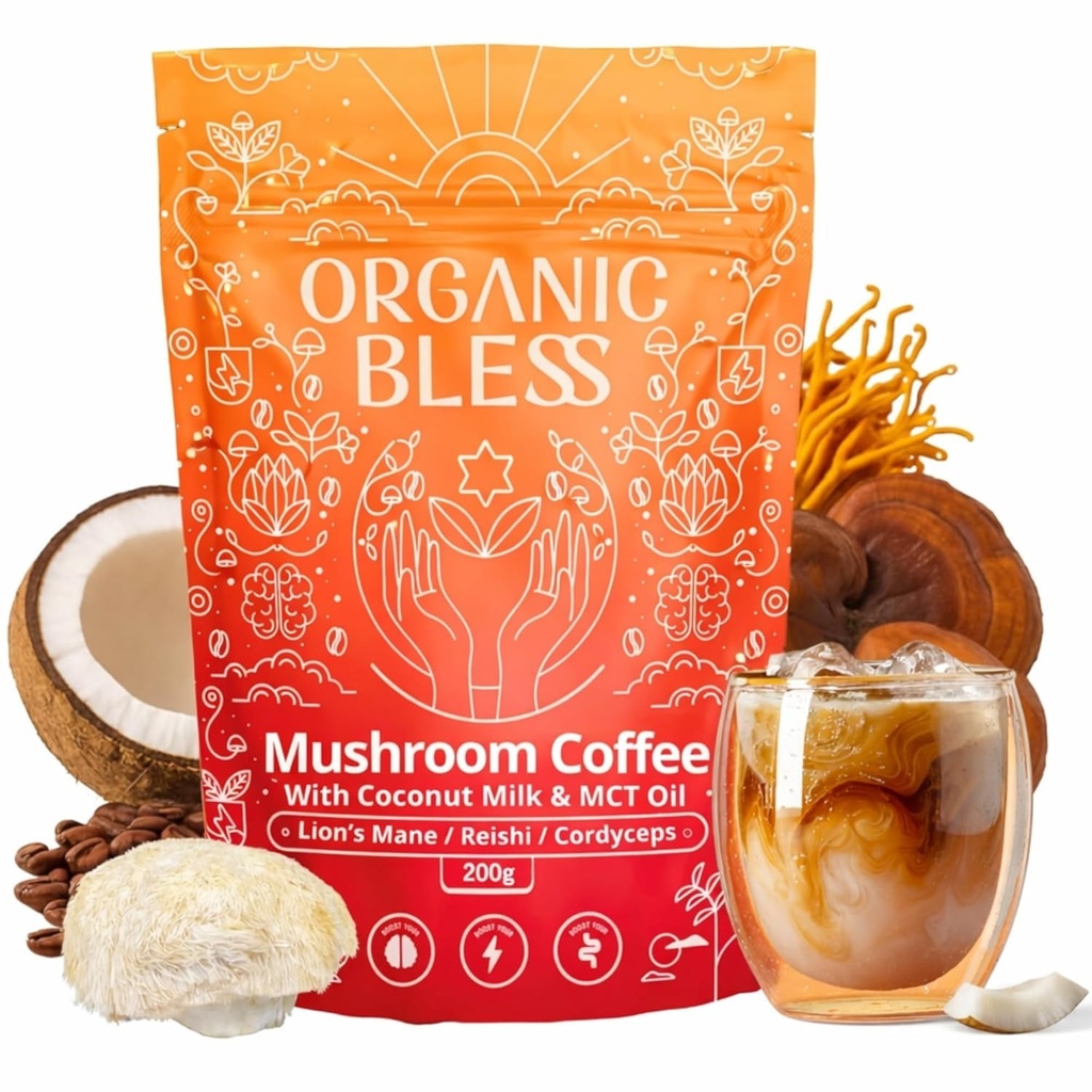 Organik Bless Instant Mushroom Coffee Toz – Organik Lion's Mane, Reishi & Cordyceps Enerji, Focus & Clarity – Tavşan Süt & MCT Oil ile Uyumlu Kahve - 30 Hizmet