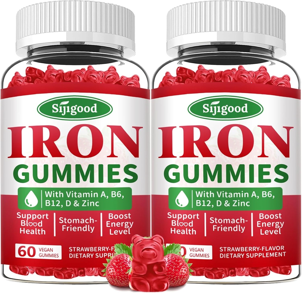 2 τεμ. Iron Gummies για γυναίκες & άνδρες - Vegan Iron Supplement for Anemia & Iron Deciency, with Vitamin B12, Vitamin C, Zinc, Folate - Energy Boost, Sugar-Free, Strawberry Flavor, 120 Count