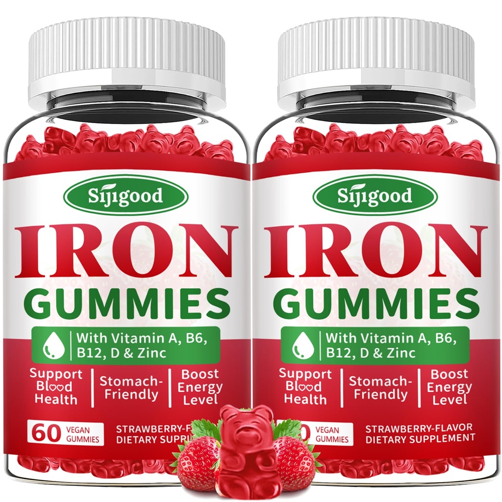 2 Pack Iron Gummies for Women & Men - Vegan Iron Supplement for Anemi & Iron Deficiency, B12, Vitamin C, çinko, Folate - Energy Boost, Sugar-Free, Strawberry Flavor, 120 Count