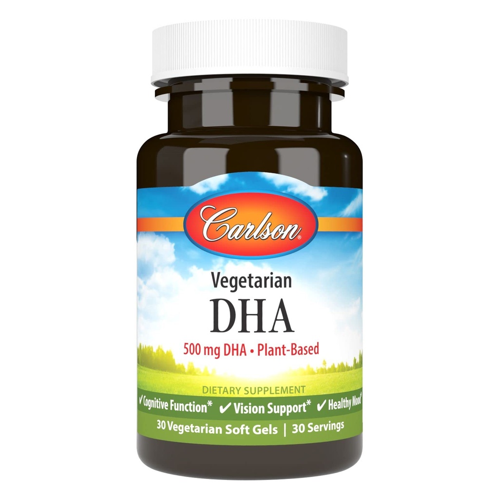 Carlson - Χορτοφαγική DHA, 500 mg DHA, Plant Based, Αειφόρα πηγάζει από τα φύκη, Brain Support, Mood Health, 30 Softgels