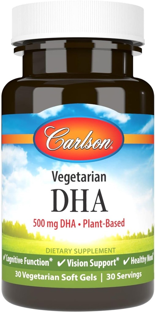 Carlson - Vejetaryen DHA, 500 mg DHA, Plant bazlı, Sustainably Algae, Beyin Desteği, Mood Health, 30 Softgels