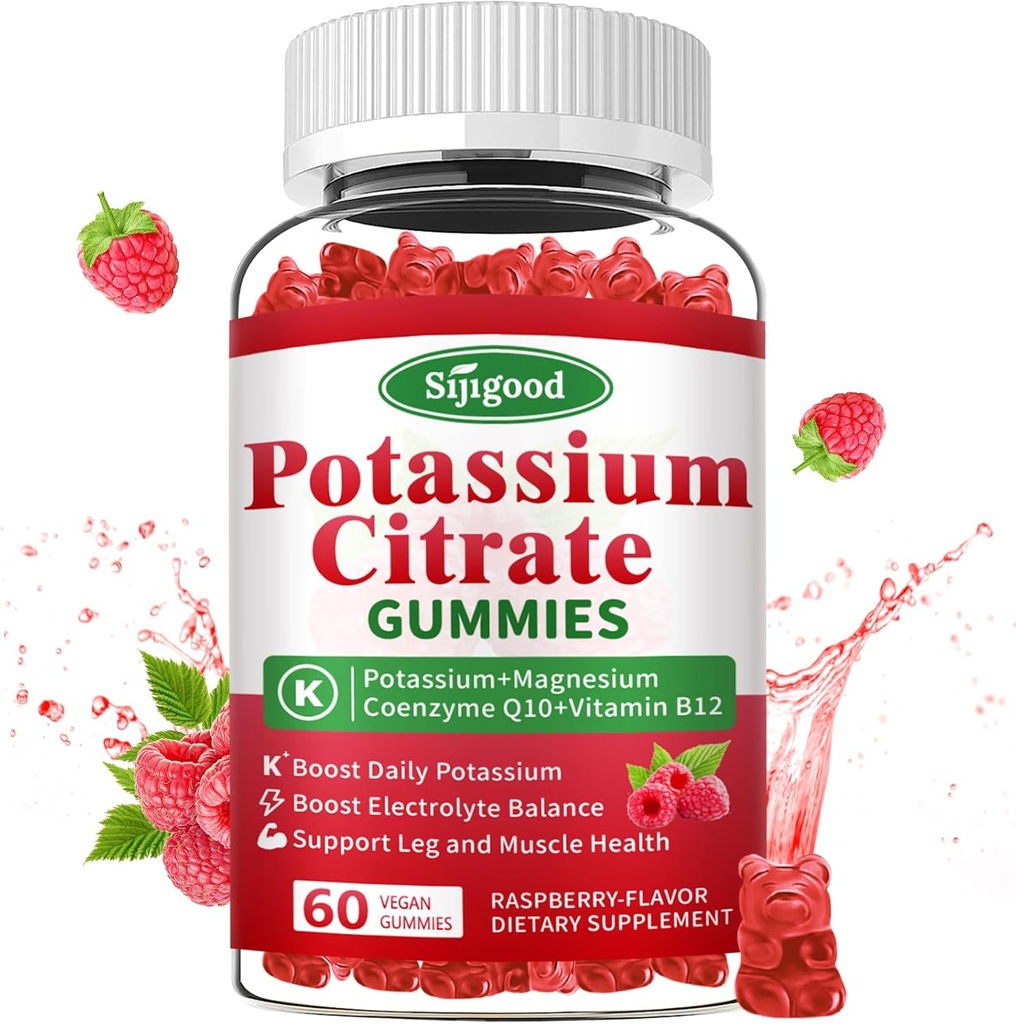 Potasyum Gummies - Kas Sağlığı için Potasyum Supplement, Leg Cramp Relief & Electrolyte Balance, Vegan, Non-GMO, Gluten-Free, Raspberry Flavor, 60 Count