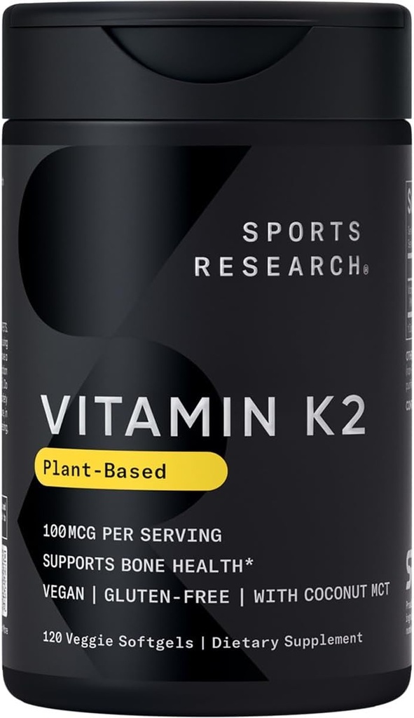 Sports Research Βιταμίνη K2 ως MK-7 100mcg με λάδι καρύδας MCT - 120 Veggie Softgels (4 Μήνας προσφοράς) Vegan Πιστοποιημένο, μη ΓΤΟ Επαληθευμένο, χωρίς γλουτένη & σόγια