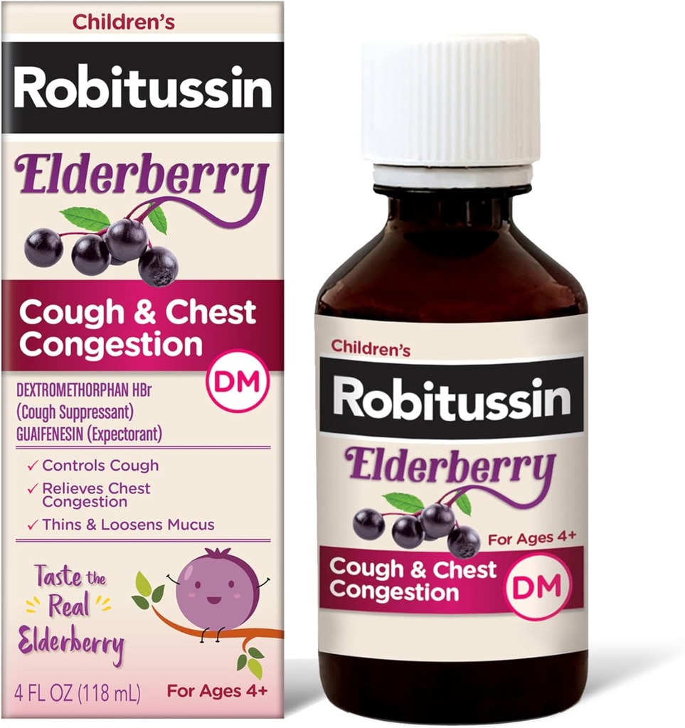 Robitussin Elderberry Βήχας + Θώρακος Συμφόρηση DM Παιδική Ιατρική Βήχας, Θήκη Συμφόρησης και Σιρόπι Βήχας - 4 Fl Oz
