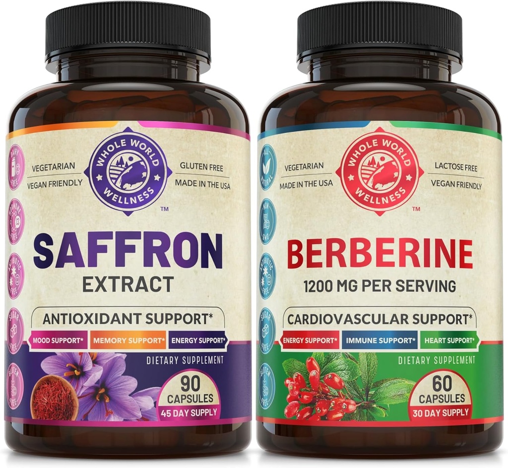 Pure Saffron Extract & Premium Berberine Bundle (One Bottle Each). Supports Mood, Energy Boost, Metabolic Function. USA Made.