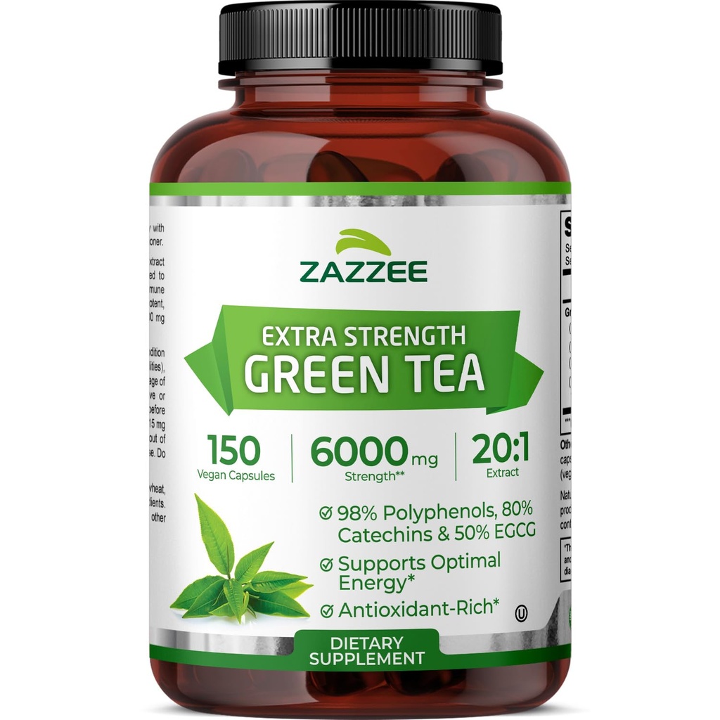 Zazzee Extra Strength Green Tea 20:1 Ekstraksiyon, 6000 mg Güçlü,% 50 EGCG, 98 Polyols ve% 80 Catcehins, 150 Vegan Capsules, 5 Ay Supply, Standardized and Mechanicd 20X Potency, Non-GMOGMO