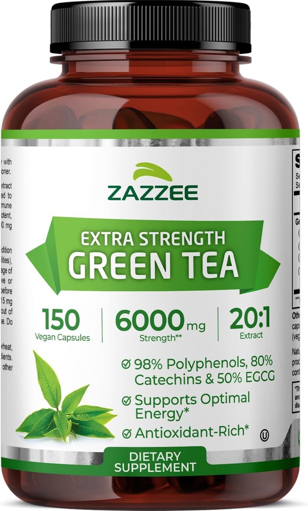 Zazzee Extra Strength Green Tea 20:1 Ekstraksiyon, 6000 mg Güçlü,% 50 EGCG, 98 Polyols ve% 80 Catcehins, 150 Vegan Capsules, 5 Ay Supply, Standardized and Mechanicd 20X Potency, Non-GMOGMO