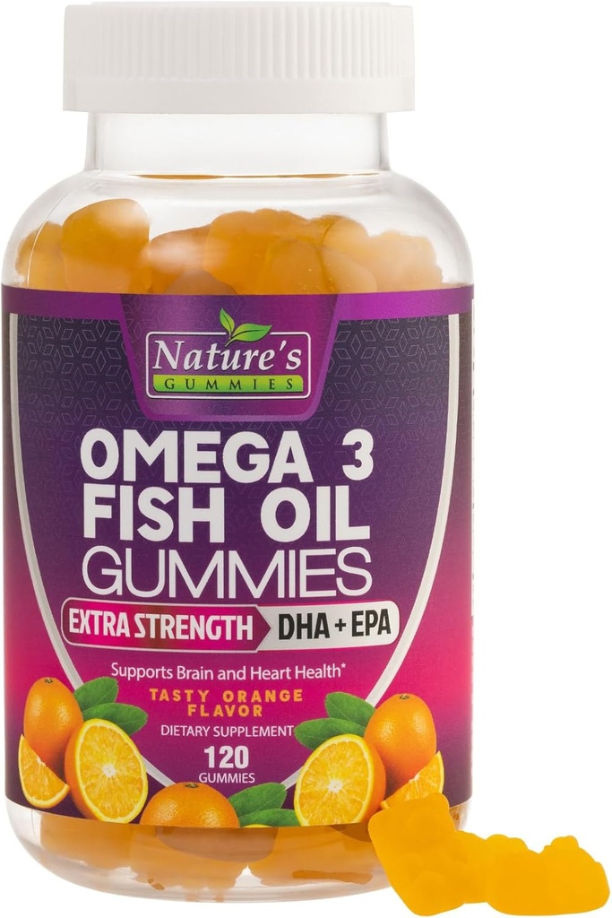 Omega 3 Fish Oil Gummies, Kalp Sağlıklı Omega 3 Gummy Supplement with High Abors DHA & EPA, Ekstra Güçlü Ortak & Beyin Desteği, Lezzetli Balık Yağı Doğası Vitamini - 120 Gummies