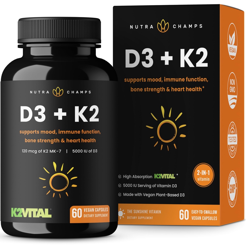 D3 ile K2 MK7 Supplement for Heart & Bone Health | Vitamin D & K Kompleks | 5000 Vitamin D 3 & 100 mcg of Vitamin K 2 MK-7 | 60 Vitamin K2 D3 Capsules
