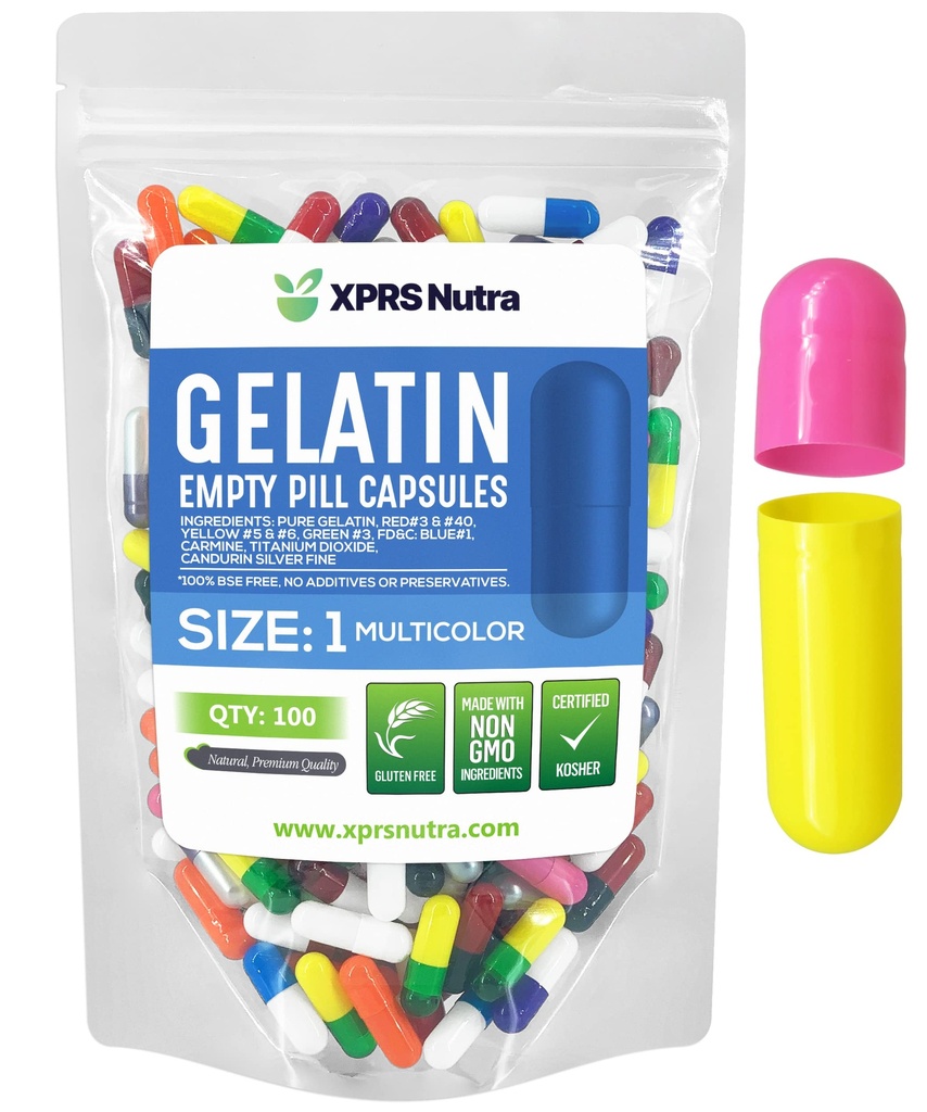 XPRS Nutra Μέγεθος 1 Κενές κάψουλες - 100 Count Empty Gelatin Κάψουλες - Χάπια για DIY Καψάκιο Γέμισμα - Pure Bovine Pill Caps Gel να γεμίσει με τα συμπληρώματά σας (Multi Color)
