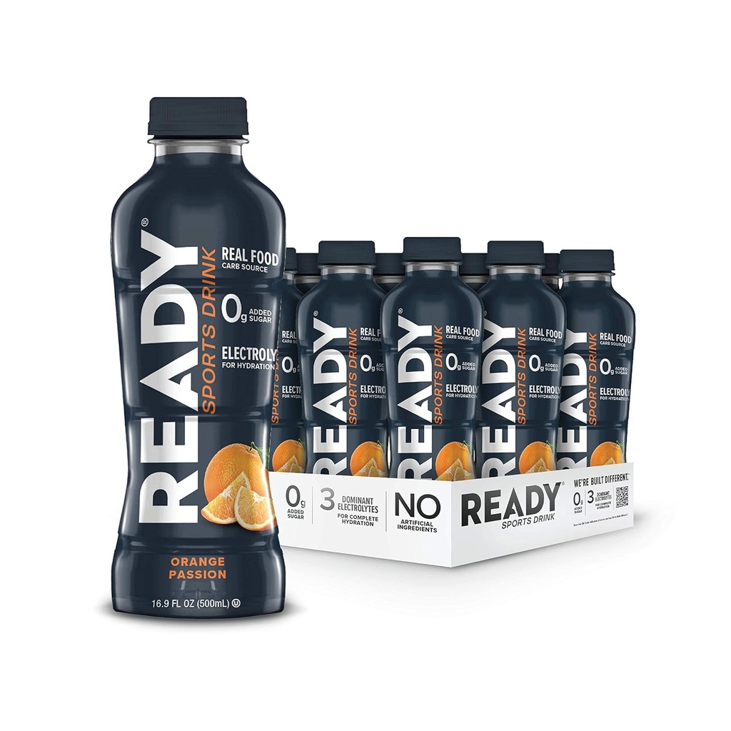 Ready® Sports Drink – Electrolyte Hydration with Super Fruit Carbs, B Vitamins & Nodrew Sugar – Clean Energy for Athletes & Endurance – Gluten-Free, Vegan, Kosher – Orange Passion (12-Pack)