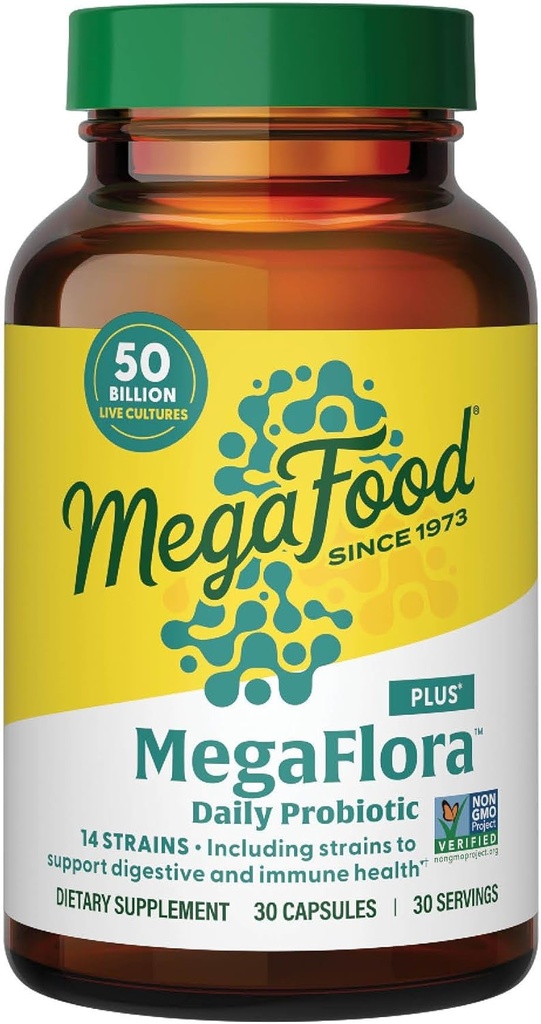 MegaFood MegaFlora Probiotic Plus - Προβιοτικά για γυναίκες και άνδρες Digestive Health- 50 δις CFUs & 14 Strains - Συμπλήρωμα Ανοσολογικής Υποστήριξης - Χορτοφαγικά - 30 Κάψουλες