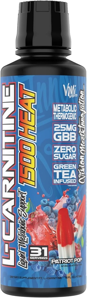 VMI Sports L-Carnitine 1500 Heat Liquid Geliştirilmiş Termogenic | 1500 mg Carnitine | En çok Apsiyon Formula | Erkekler ve Kadınlar için Büyük Tadı | 31 Hizmet (Patriot Pop)