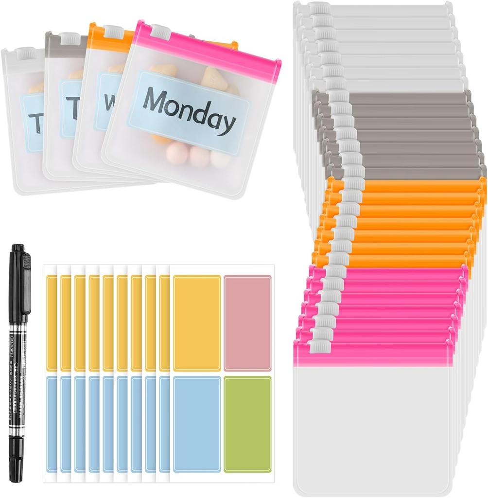 MARFOREVER 39 Pcs Pill Pouch Bags - Pill Pouches Small Medicine Bags Travel Pill Organizer Reusable Translucent Self Sealing 28 Pcs Plastic Pill with Slide Lock 10 Sheets Labels and 1 Pc Marker