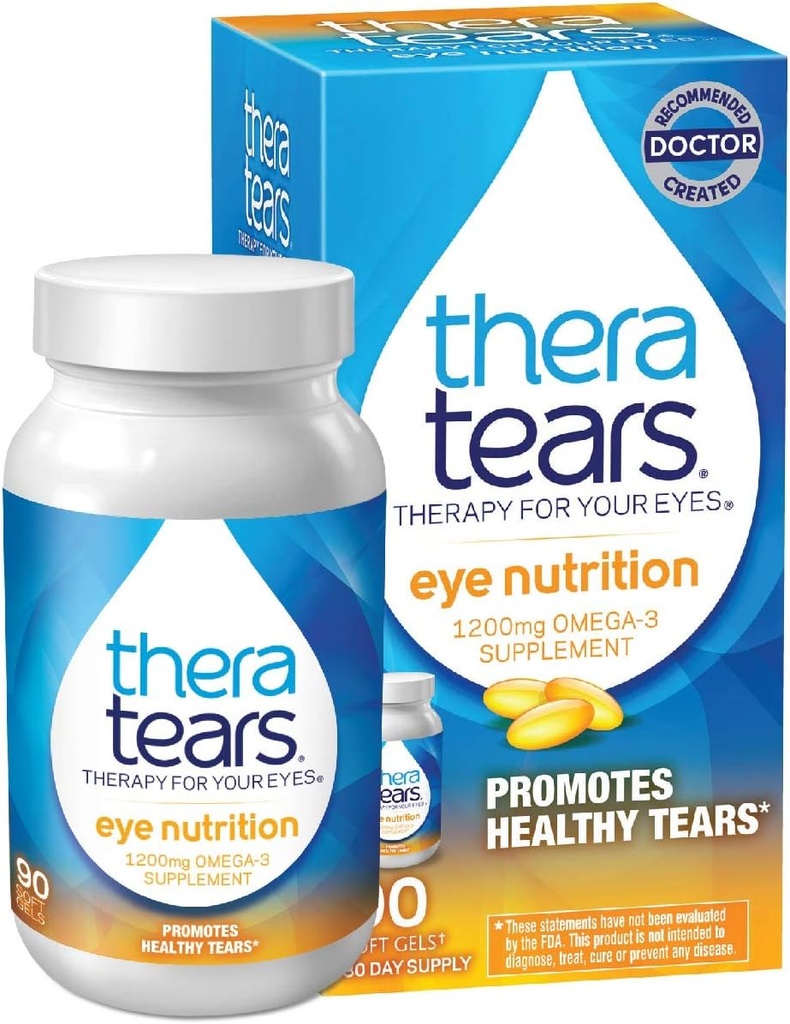 TheraTears 1200 mg Omega 3 Supplement for Eye Beslenme, Organik Flaxseed Triglyceride Fish Oil and Vitamin E, 90 Count Count Count