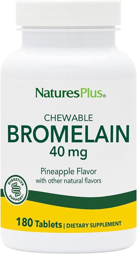 Natures Plus Chewable Bromelain - 40 mg - Natural Proteolytic Enzyme Supplement - 180 Chewable Tabletler (180 Hizmetler)