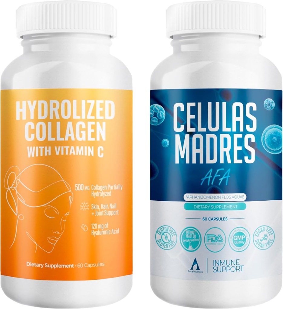 Aura Vitamin Mega Antioxidant Bundle | Hydrolyzed Collagen & AFA Stem Cell | Hydrolyzed Collagen with Vitamin C, Aphanizomenon Flos-Aquae | Celula Madre Skin, Hair and Nail Support – 60 Each Caps (2)
