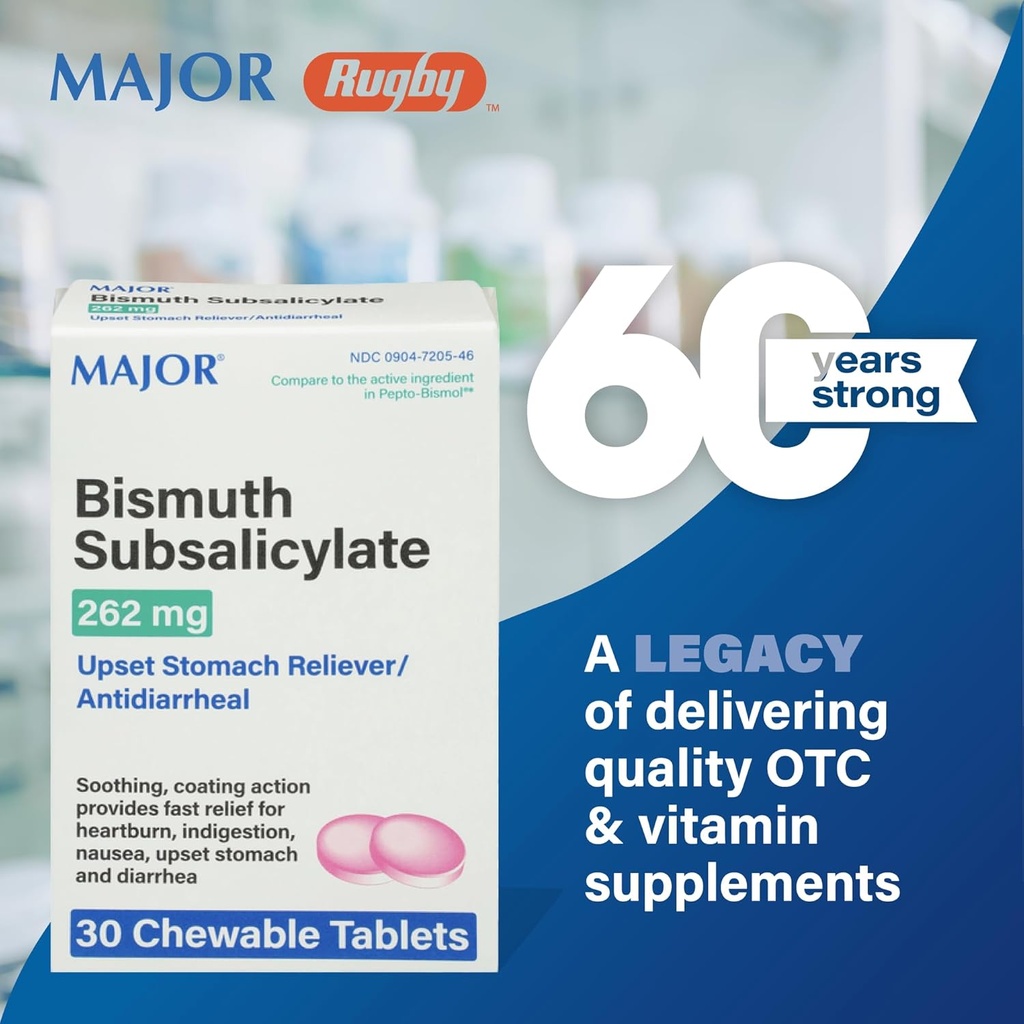 MAJOR Bismuth Subsalicylate 262 mg Chewables - Heartburn, Indigestion, Nausea, Diarrhea ve Upset Stomach Relief - Antidiarrheal - 30 Chewable Tabletler