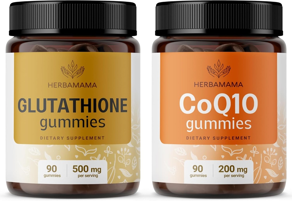 HERBAMAMA Glutathione ve CoQ10 Kit - 500 mg Paket L-Glutathione ve 200 mg CoQ10 Gummies - Vegan, Non-GMO, Gelatin-Free - 2 Pack