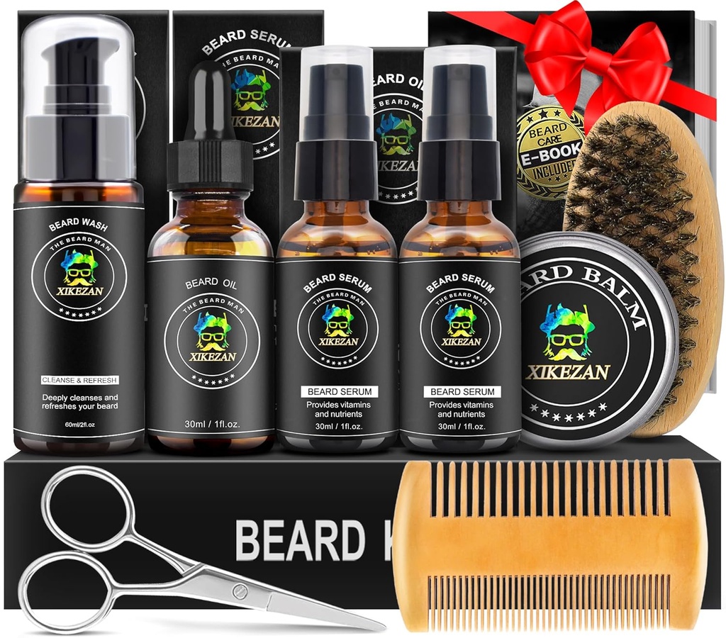 XIKEZAN Ayıd Kit for Men Grooming & Care Set w/2 Pack Beard Serum, Wash, Oil, Balm, Comb, DN, Scisor, Bag, EBook, Erkekler için Benzersiz Doğum Hediyeleri O Baba Noel Menüsü