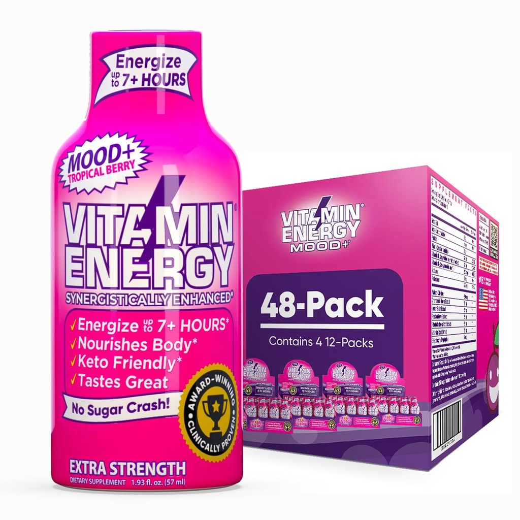 Energy Mood+ Ekstra Kuvvetli Enerji Shot Tropikal Berry 48 Paketi, 260 mg Natural Caffeine, B-Vitamins, Rhodiola, Chamomile, Mood & Energy Support, Zero Sugar, Gluten-Free, Vegan, 1.93 fl ozz