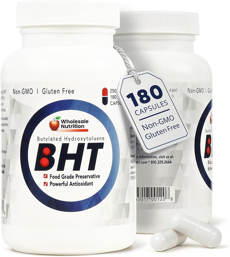 Toptan Beslenme BHT Supplement Capsules - 250 mg Potent Antioksi - Non-GMO, Gluten-Free - Gelişmiş Petrol/Fat Prant - Pure Butylated Hydroxytoluene for Foods/Oils - 180 Capsules