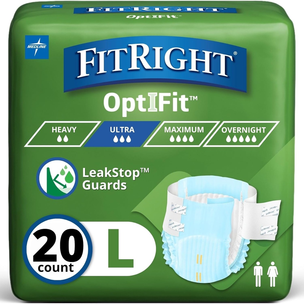 FitRight Adult Diapers, Ultra Heavy Absorbency, L (Waist Boyutu 44in-56in), 20 Kont, OptiFit Incontinence Briefs for Men and Women, Single, Moisture-Wicking, Leak Protection,