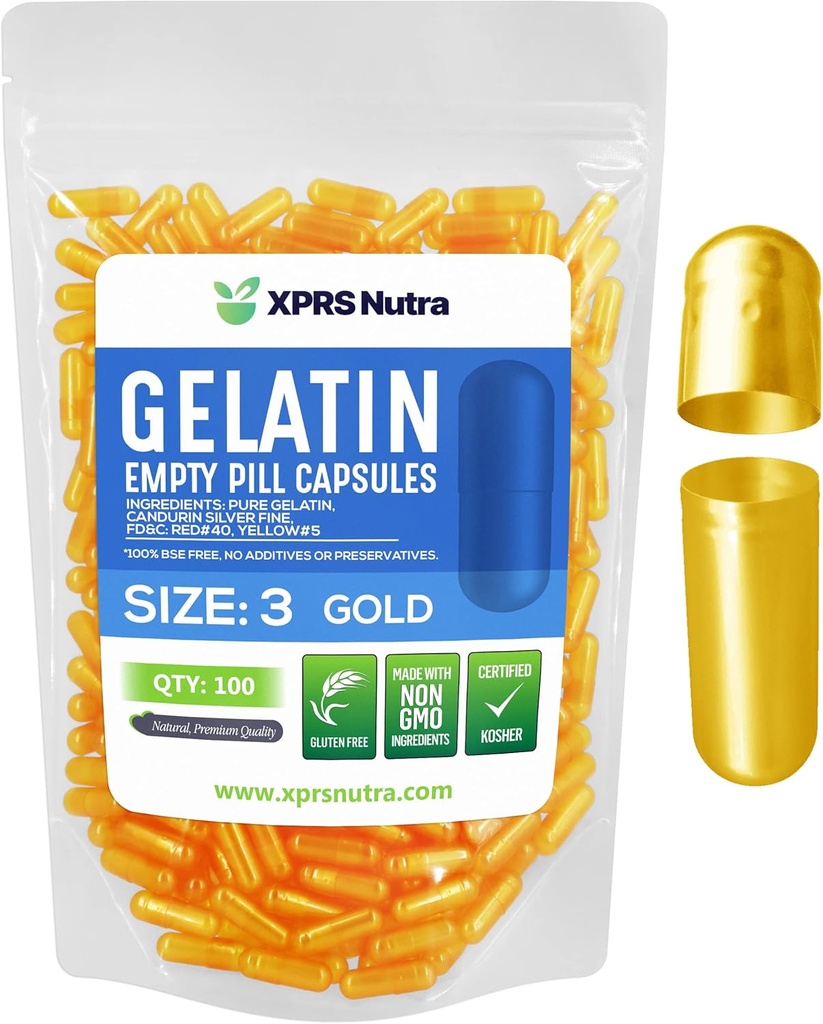 XPRS Nutra Μέγεθος 3 Κενές κάψουλες - 100 Count Empty Gelatin Κάψουλες - Χάπια DIY Καψάκιο Γέμισμα - Αγνά καπάκια τζελ για τα χάπια Bovine Γέμισμα για τον εαυτό σας Βιταμίνες και συμπληρώματα (χρυσό)