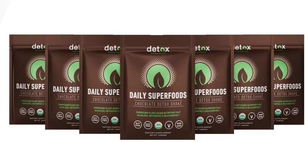 Detox Βιολογικά Σοκολάτα Superfood σκόνη, Detox καθαρισμού για το σώμα σας, Bloating Relief, συμπλήρωμα υποστήριξης του ανοσοποιητικού Smoothie Detox Mix, Πράσινοι Blend Superfood, Χαμηλό Carb, Vegan (7 Day Detox Packets)