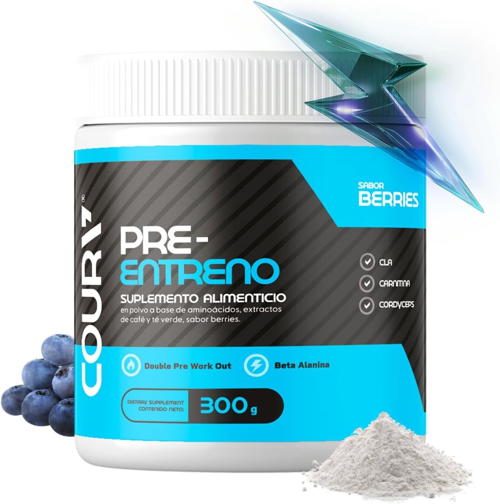 COURA Pre Workout μούρες Flavor 300g - 10.5 Ουγγιά - Protein Powder - Energy Boost - Υποστηρίζει την εστίαση και την αντοχή - Cordyceps - Ιδανικό για αθλητές - Χωρίς γλουτένη