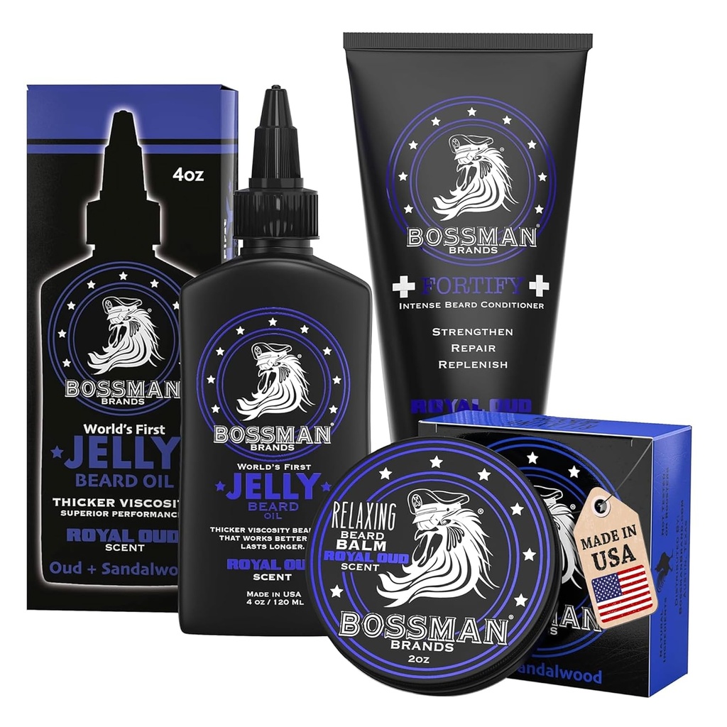 Patronman Essentials Ayıd Kit for Men, Set of 3 - Beard Oil Jelly, Forting Durumer Cream, Beard Balm - Grooming growth Care Aksesuarları - Erkekler için Hediye seti (Royal Oud)