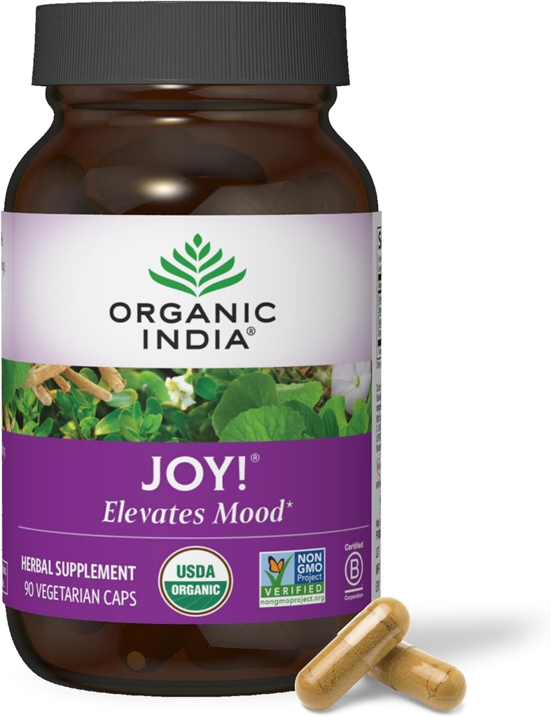 ORGANIC INDIA Joy Herbal Supplement - Immune Support, Supports Memory & Concentration, Vegan, Gluten-Free, Kosher, USDA sertifikalı Organik, Non-GMO, Calming - 90 Capsules