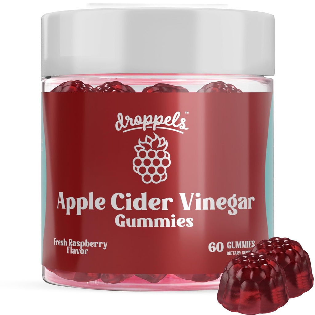 Droppels Apple Cider Vinegar Gummies 1000 mg with Beet Root & Pomegranate | Non-GMO, Vegan-Friendly, Gluten Free | Supports Digestion, Metabolism, Energy & Immune Health | Raspberry Flavor Flavor Flavor