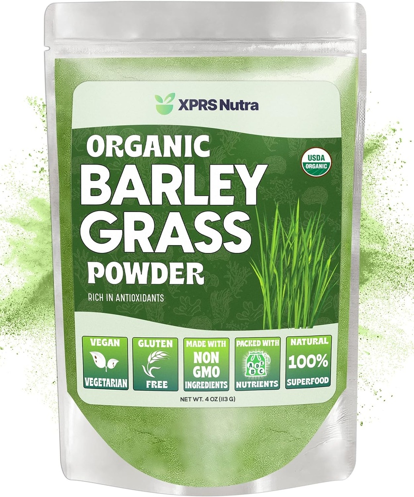 XPRS Nutra Βιολογικός Κριθάρι Grass σκόνη - 4 ουγγιά Premium Κριθάρι σκόνη πλούσια σε αντιοξειδωτικά, Αμινοξέα και πρωτεΐνες - Κριθάρι Πράσινο Superfood για την ασυλία