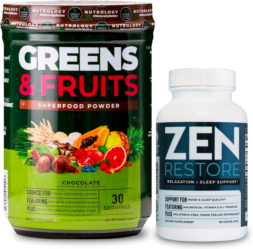 Nutrology Greens & Fruits Toz-Doğal olarak Superfood, Chocolate (30 hizmet) Zen Natural Magnezyum Supplement (30 hizmet)
