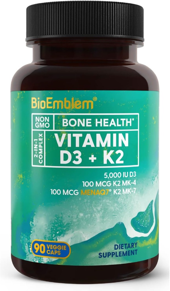 BioEmblem Vitamin D3 K2 Capsules (5000IU ve 200mcg) - Patentli MK7 ve MK4 için 3-in-1 Kompleks Desteği - Vejetaryen D K2 Supplement for Teeth, Heart, Immune System - Non-GMO, 90 Caps