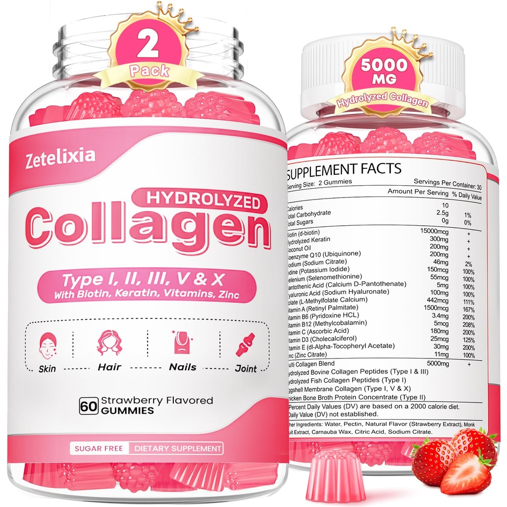2 Πακέτο Κολλαγόνο Gummies για γυναίκες άνδρες, Hydrolyzed Collagen Peptide Type I,II,III,V,X με Βιοτίνη, Βιταμίνη C A B D E για Δερμάτινα Καρφάκια Μαλλιά J0ints, Ανοσία Energy Digetion, Ζάχαρη Δωρεάν, 120 Count