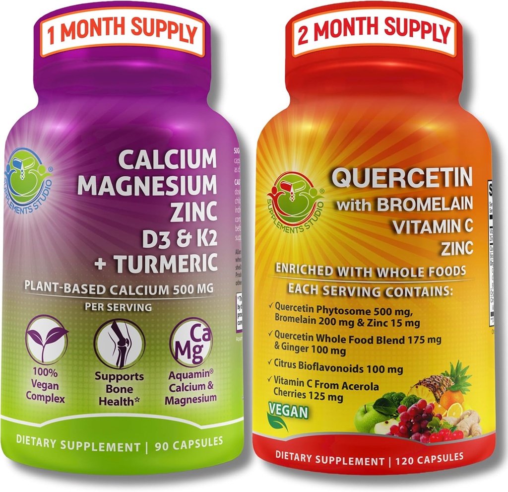 Bone & Immune Support Sche - Quercetin 500 mg with Bromelain, çinko, C & Organic Whole Foods + Plant-Baseduba 500 mg, Magnezyum, D3, K2 & Turmeric - Vegan, Non-GMO, Clean Label
