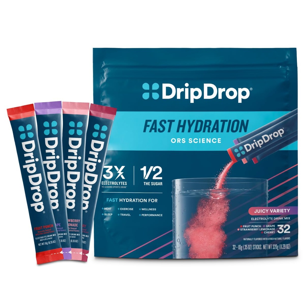 DripDrop Hydration Packets - Juicy Diversity Pack - Single Serve Electrolytes Toz İçecek Mix - Grape, Fruit Punch, Strawberry Lemonade, Cherry - Non-GMO, Gluten Free, Vegan - 32 Sticks