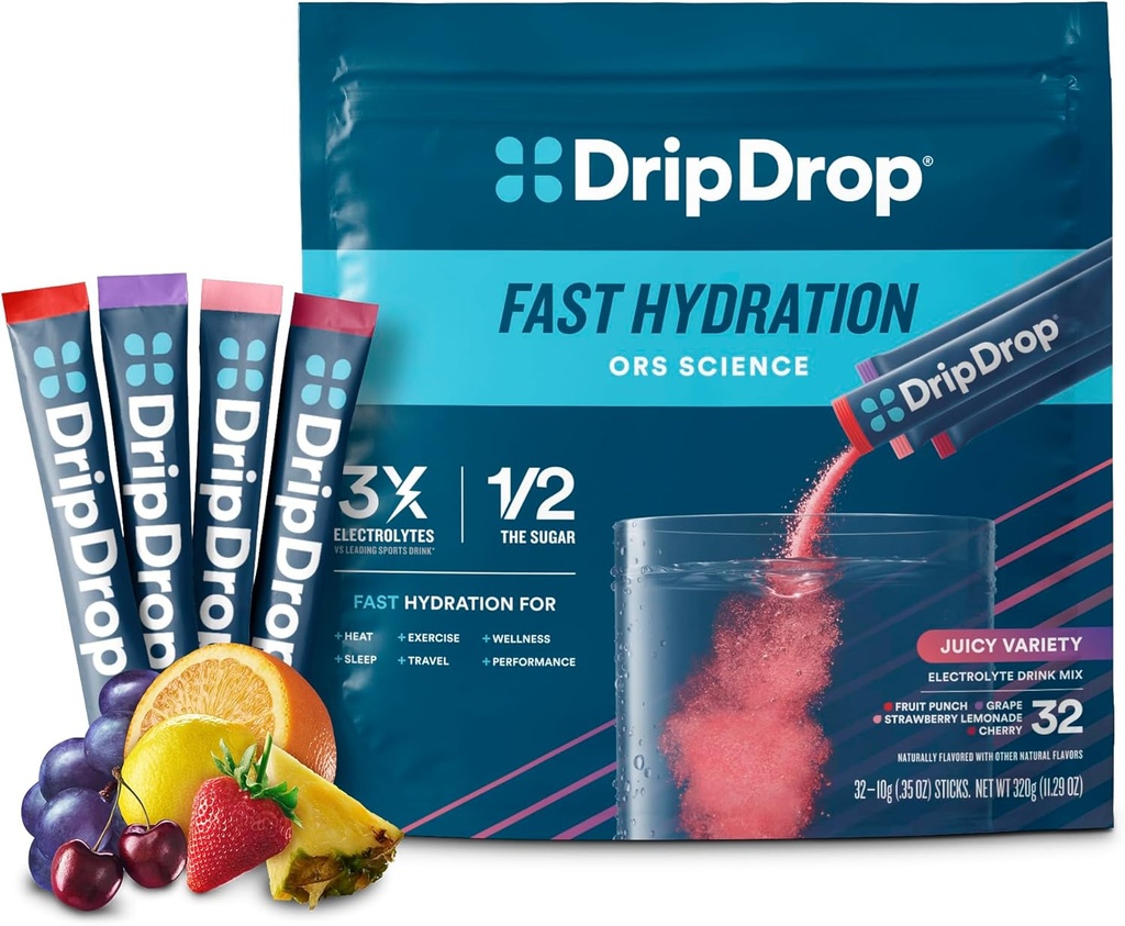 DripDrop Hydration Packets - Juicy Diversity Pack - Single Serve Electrolytes Toz İçecek Mix - Grape, Fruit Punch, Strawberry Lemonade, Cherry - Non-GMO, Gluten Free, Vegan - 32 Sticks