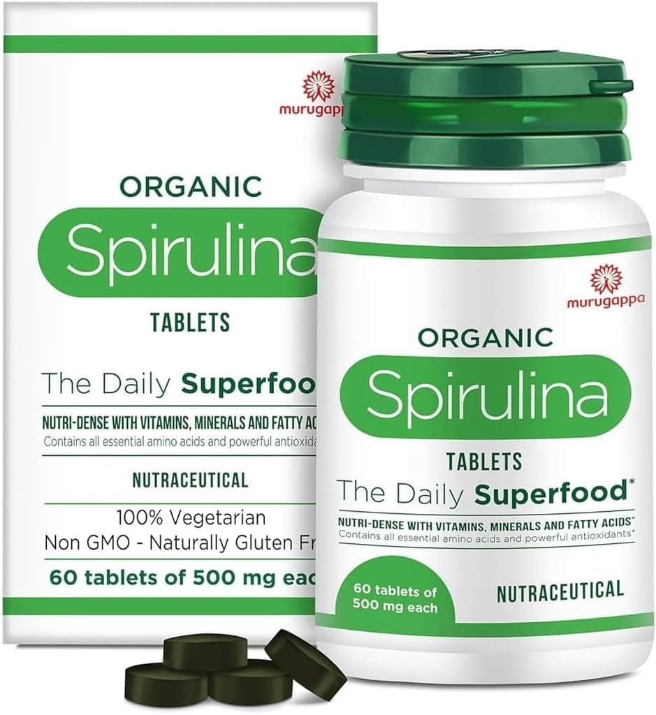 DURJA Organik Spirulina Tabletleri - En Bio-Available protein & Nutri-Dense Superfood | Immunity and Health Supplement | Metabolism ATM | 100% Vegan | 60 Tablet (500 mg Her biri)